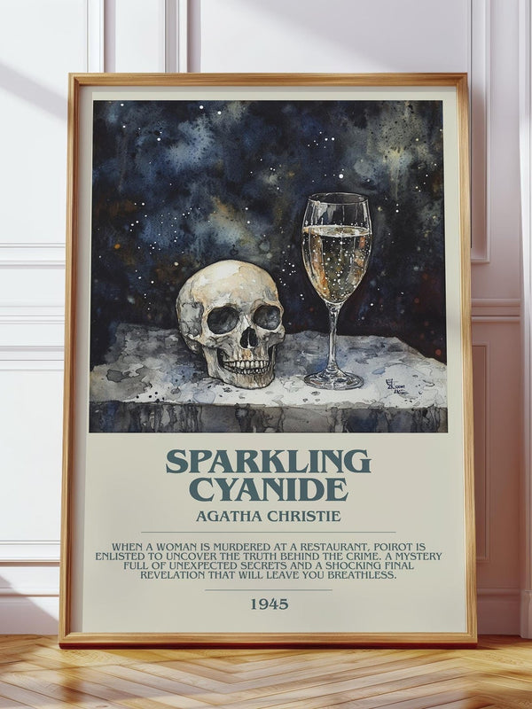 Sparkling Cyanide bookish print in frame leaning in hallway – mystery wall art