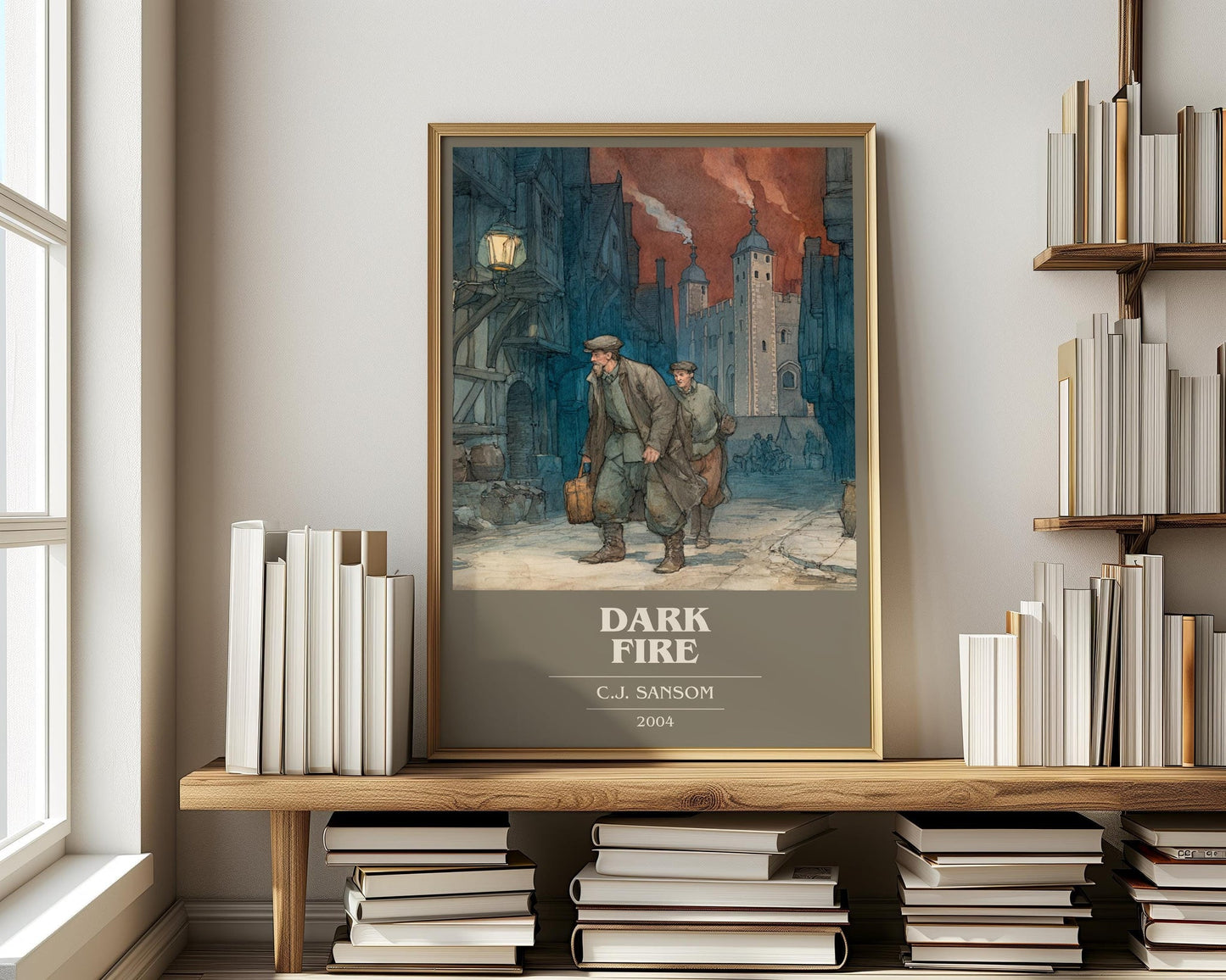Dark Fire book cover print on bookshelf – C.J. Sansom fan gift