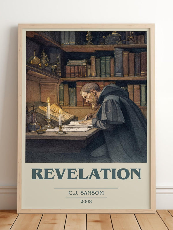 Revelation book cover print in frame leaning in hallway – historical fiction wall art