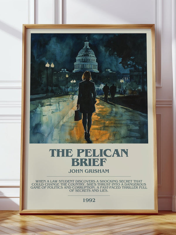The Pelican Brief bookish print in frame leaning in hallway – thriller wall art