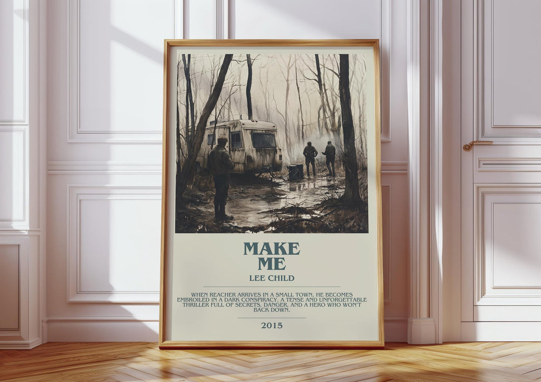 Make Me bookish print in frame leaning in hallway – thriller wall art (mockup)