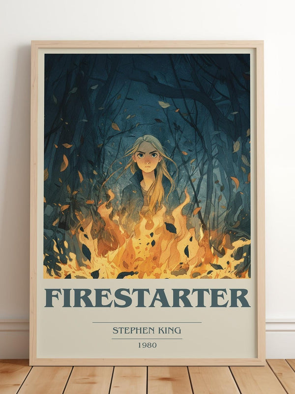 Firestarter book cover print in frame leaning in hallway – horror wall art