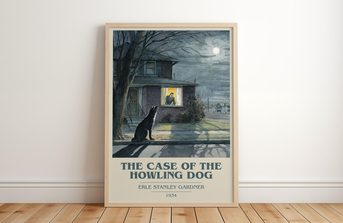 The Case of the Howling Dog book cover print in frame leaning in hallway – mystery wall art (mockup)