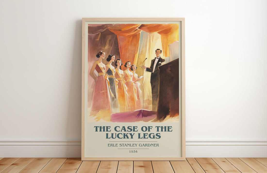 The Case of the Lucky Legs book cover print in frame leaning in hallway – mystery wall art (mockup)