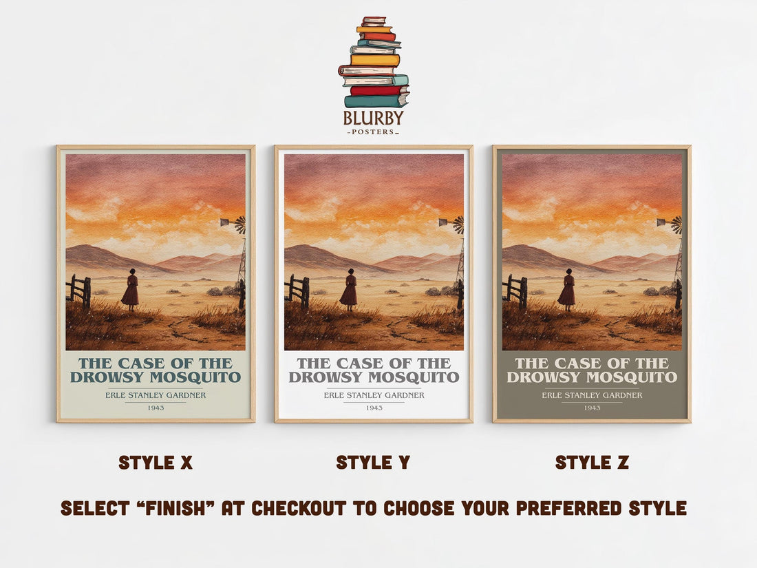 The Case of the Drowsy Mosquito book cover print in frame leaning in hallway – mystery wall art (mockup)