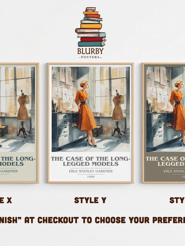 The Case of the Long-legged Models book cover print in frame leaning in hallway – mystery wall art