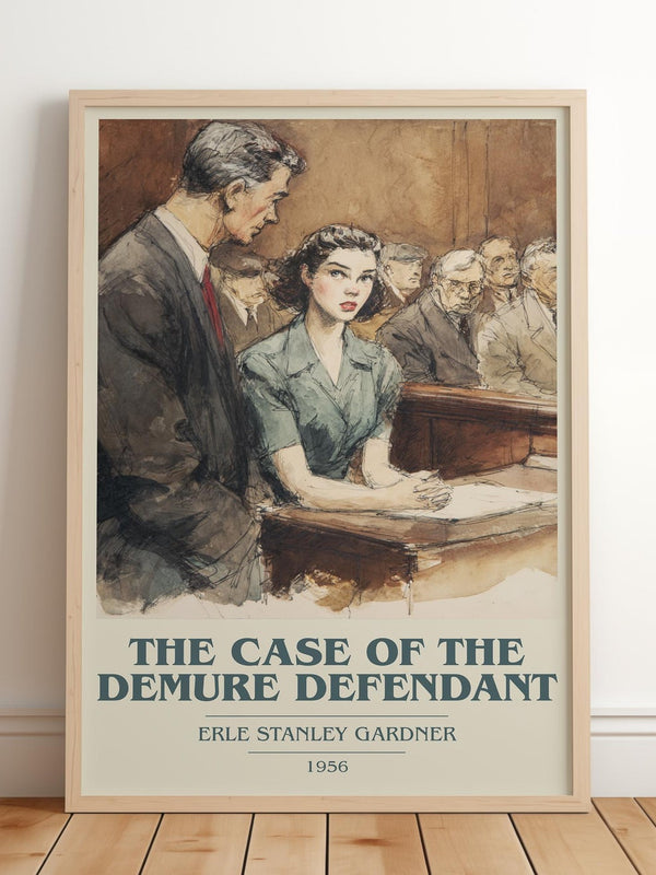The Case of the Demure Defendant book cover print in frame leaning in hallway – mystery wall art
