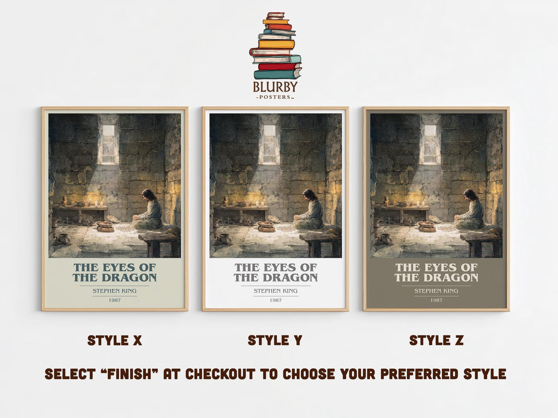 The Eyes Of The Dragon book cover print in frame leaning in hallway – fantasy wall art (mockup)
