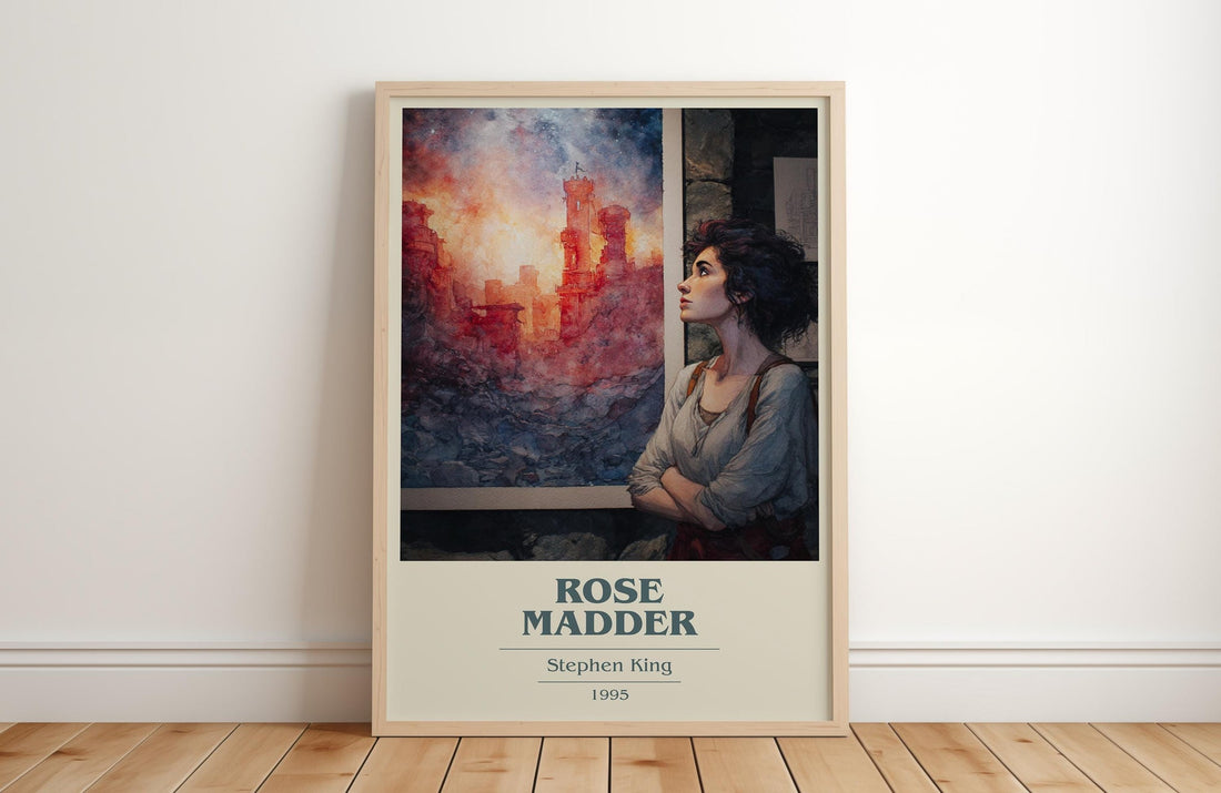 Rose Madder book cover print in frame leaning in hallway – horror wall art (mockup)