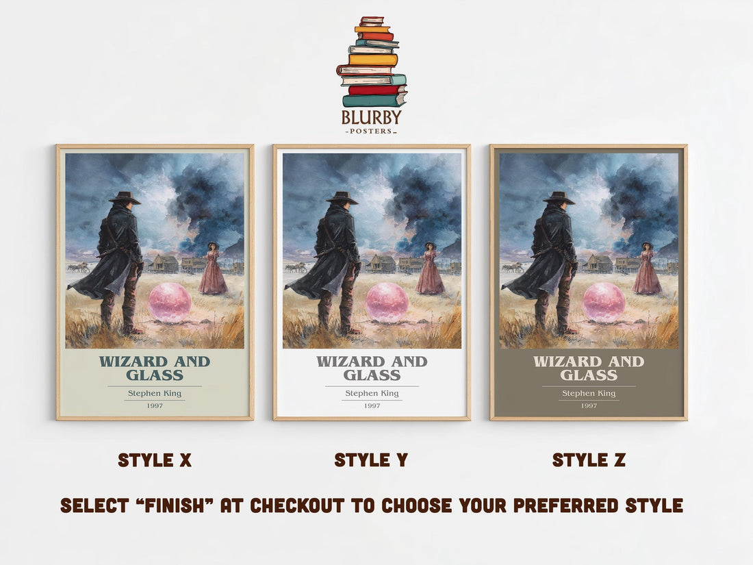 Wizard and Glass book cover print in frame leaning in hallway – fantasy wall art (mockup)