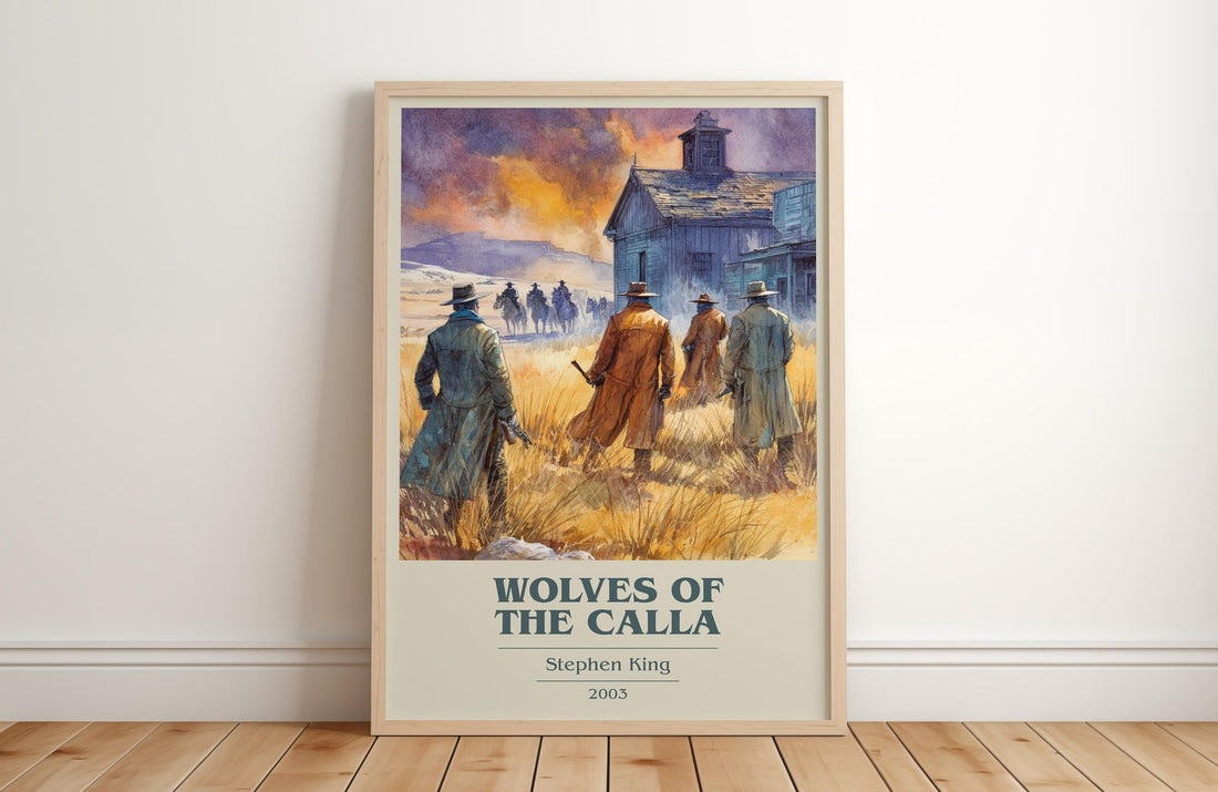 Wolves of the Calla book cover print in frame leaning in hallway – fantasy wall art (mockup)