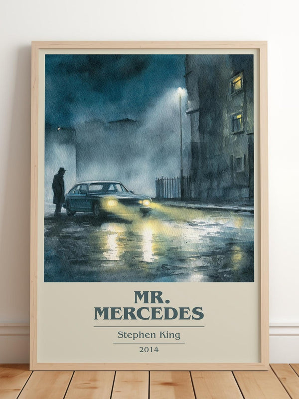Mr. Mercedes book cover print in frame leaning in hallway – crime wall art