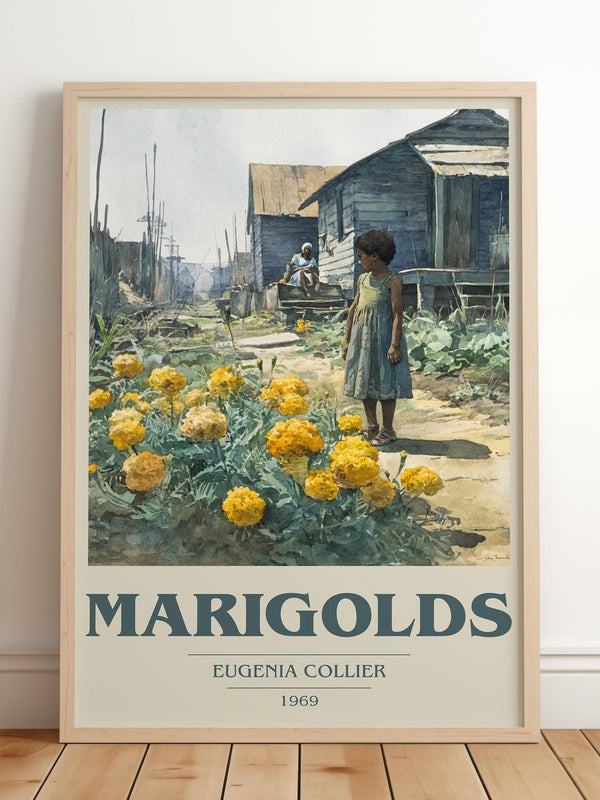 Marigolds book cover print in frame leaning in hallway – literary fiction wall art