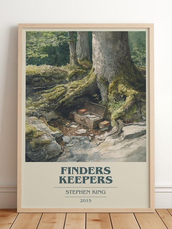 Finders Keepers book cover print in frame leaning in hallway – thriller wall art