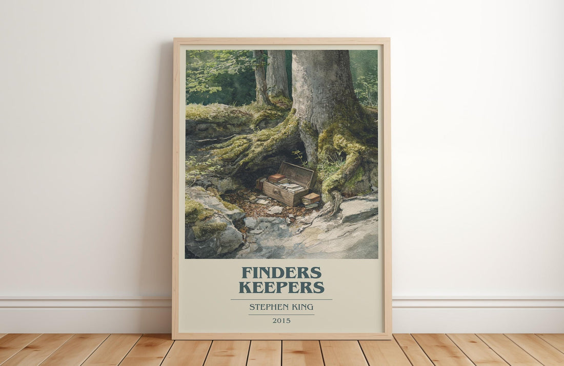 Finders Keepers book cover print in frame leaning in hallway – thriller wall art (mockup)