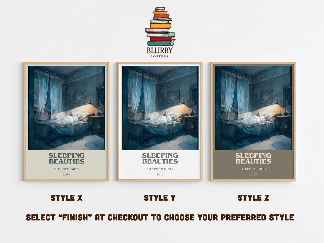 Sleeping Beauties book cover print in frame leaning in hallway – horror wall art (mockup)