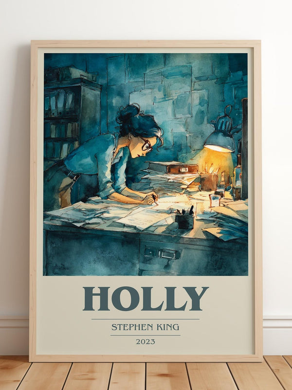 Holly book cover print in frame leaning in hallway – thriller wall art