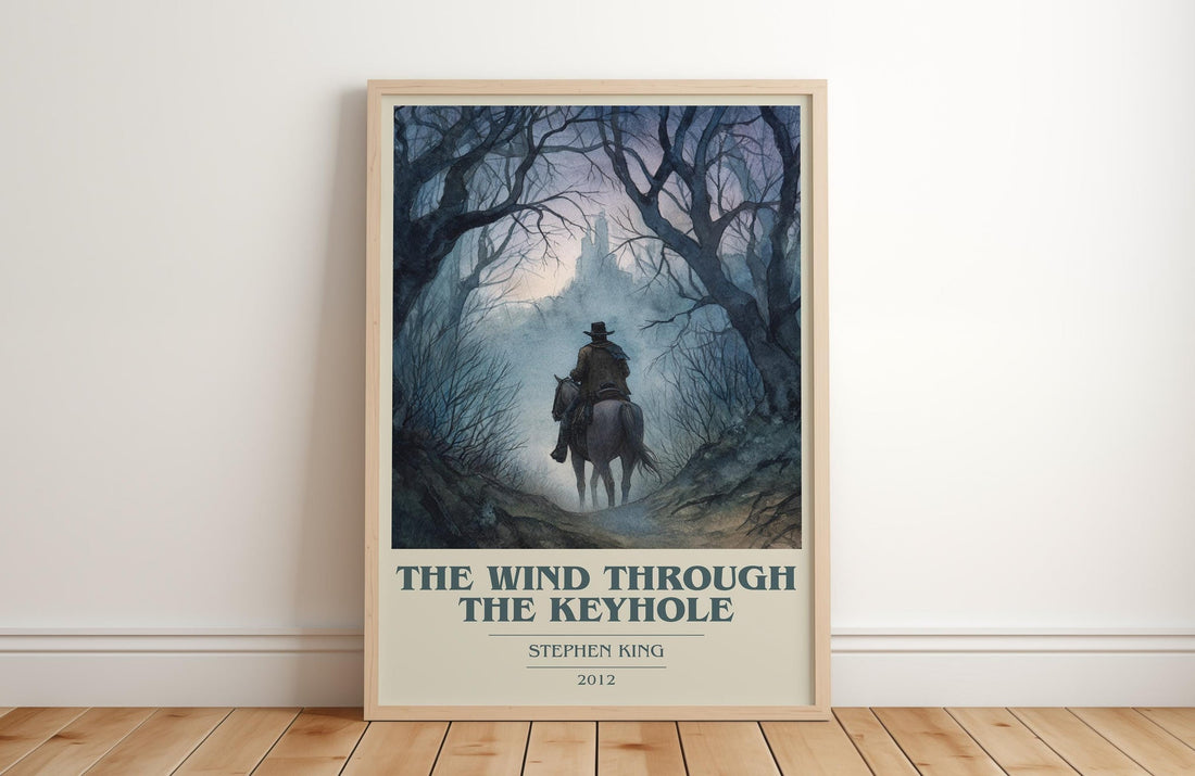 The Wind Through The Keyhole book cover print in frame leaning in hallway – fantasy wall art (mockup)