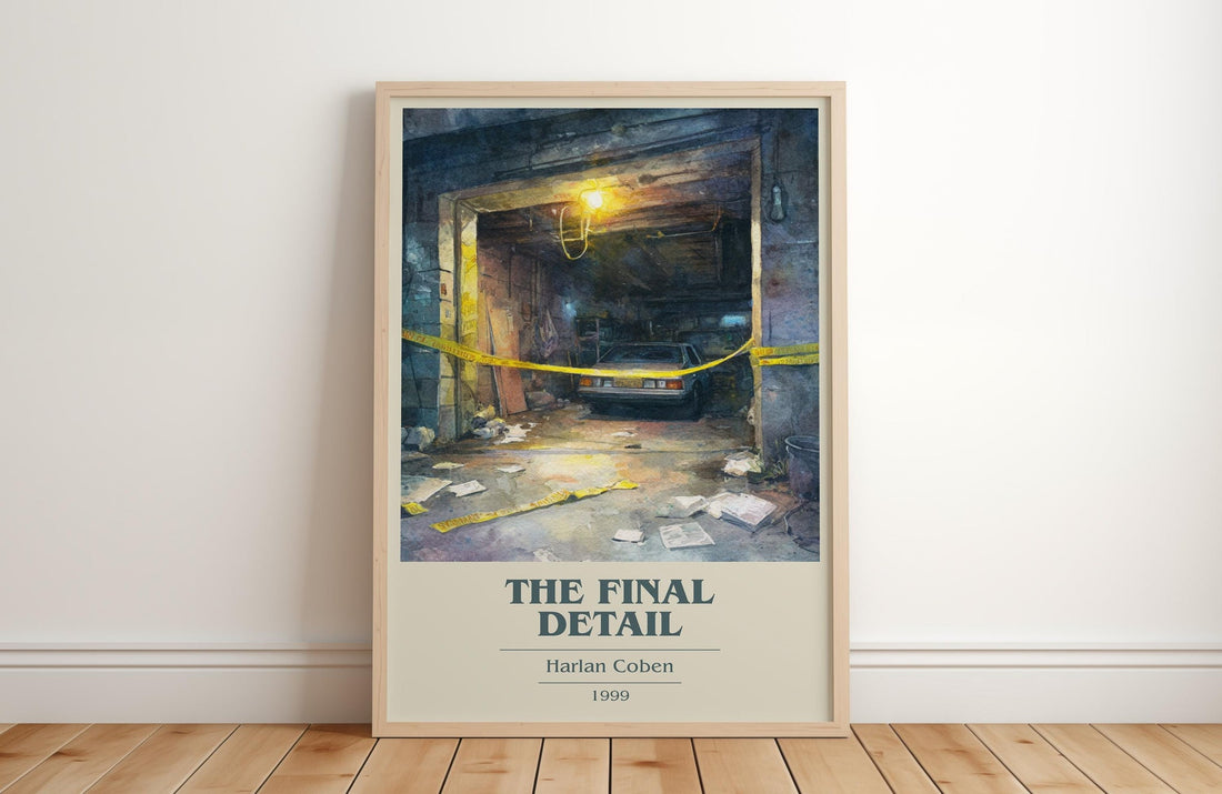 The Final Detail book cover print in frame leaning in hallway – crime wall art (mockup)