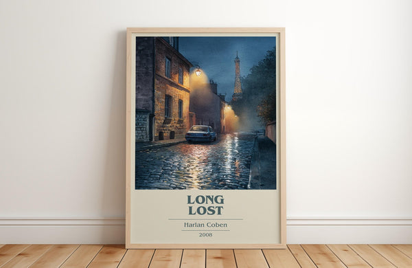 Long Lost book cover print in frame leaning in hallway – thriller wall art