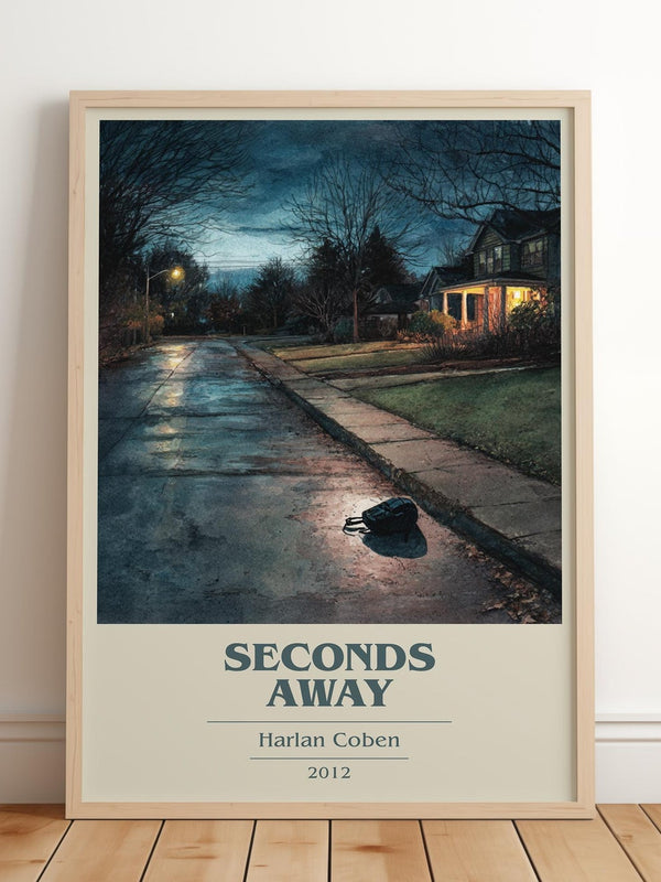 Seconds Away book cover print in frame leaning in hallway – young adult wall art