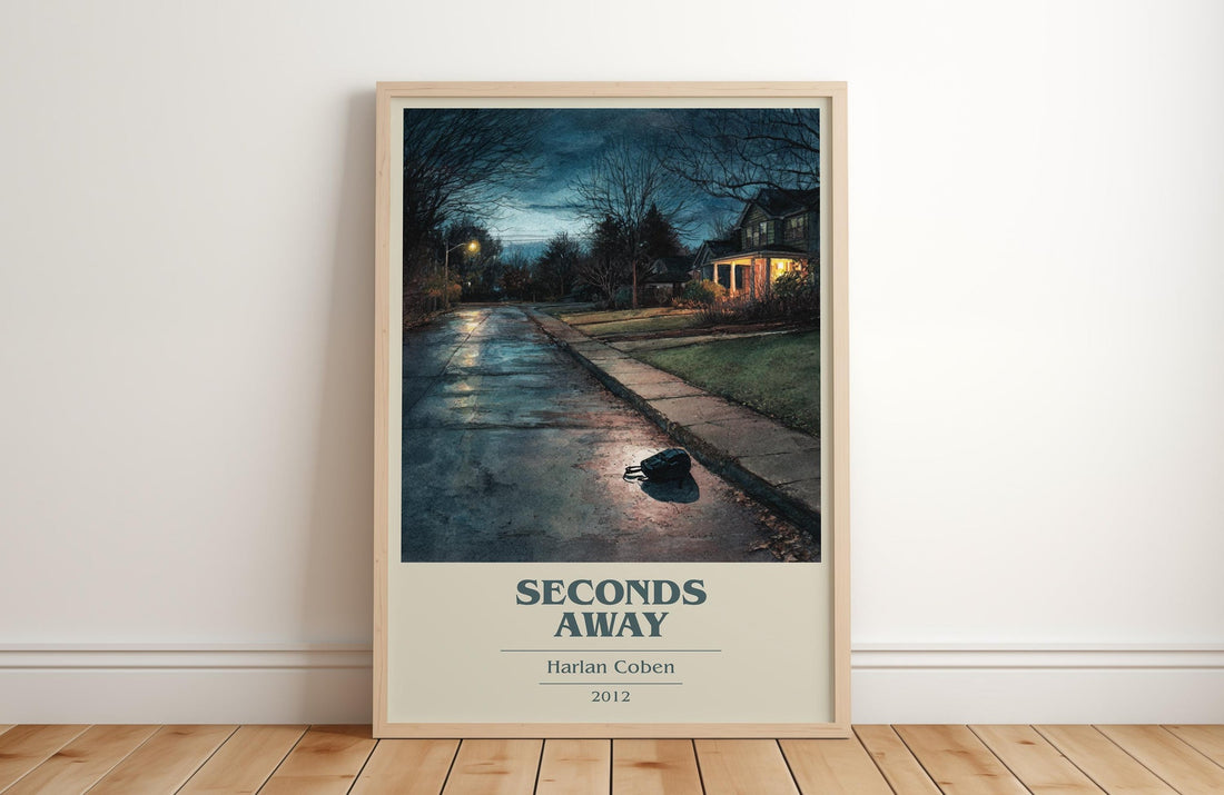 Seconds Away book cover print in frame leaning in hallway – young adult wall art (mockup)