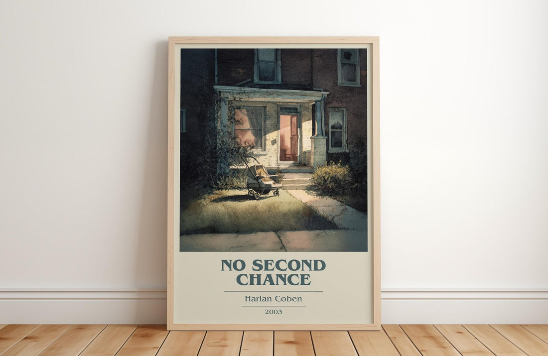 No Second Chance book cover print in frame leaning in hallway – thriller wall art (mockup)