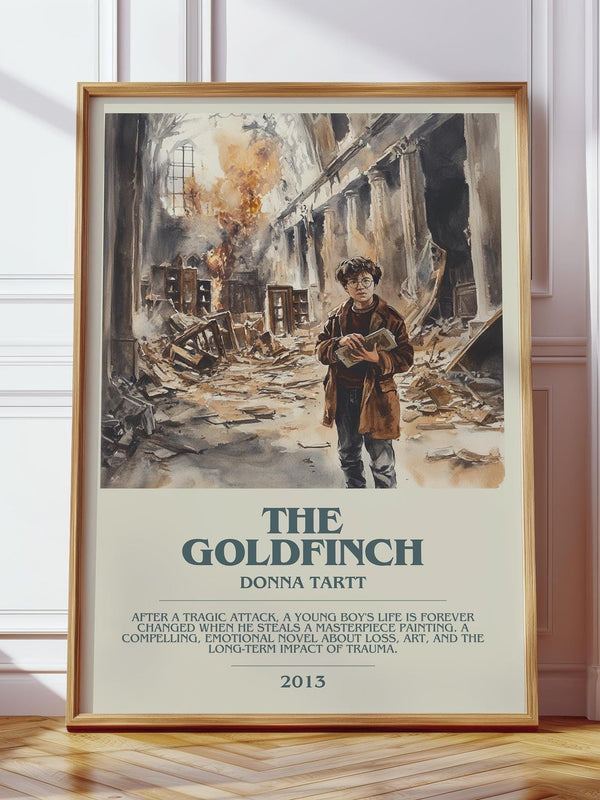 The Goldfinch bookish print in frame leaning in hallway – coming of age wall art
