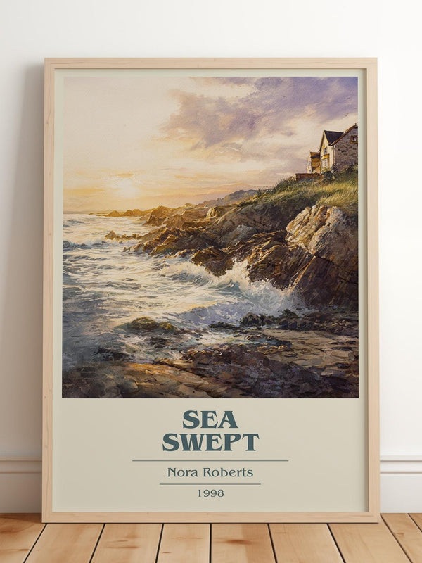 Sea Swept book cover print in frame leaning in hallway – romance wall art