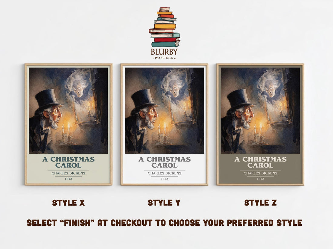 A Christmas Carol book cover print in frame leaning in hallway – classic literature wall art (mockup)