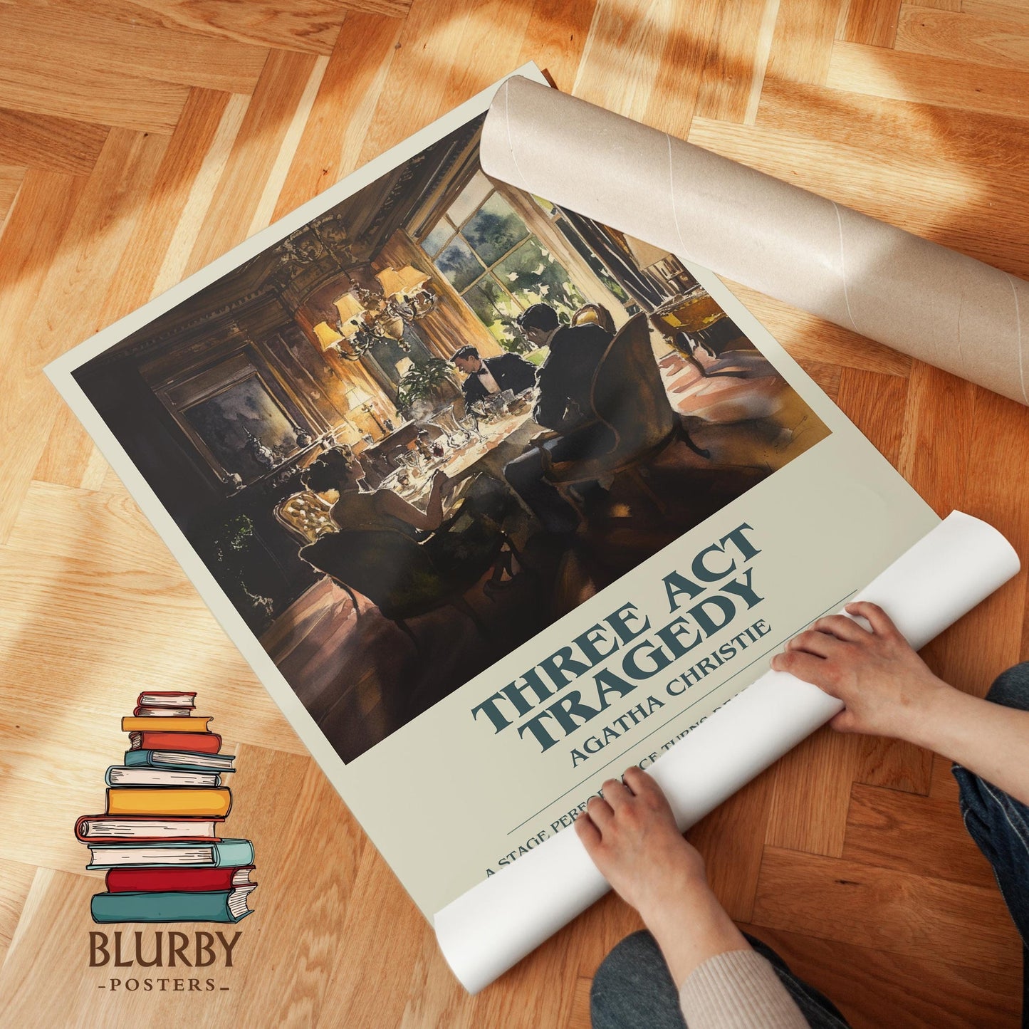 Three Act Tragedy book poster packaging – museum-quality print rolled in protective tube