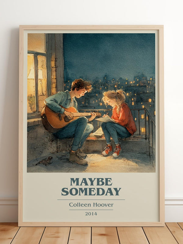 Maybe Someday book cover print in frame leaning in hallway – romance wall art