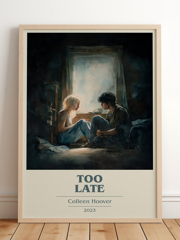 Too late book cover print in frame leaning in hallway – romance wall art