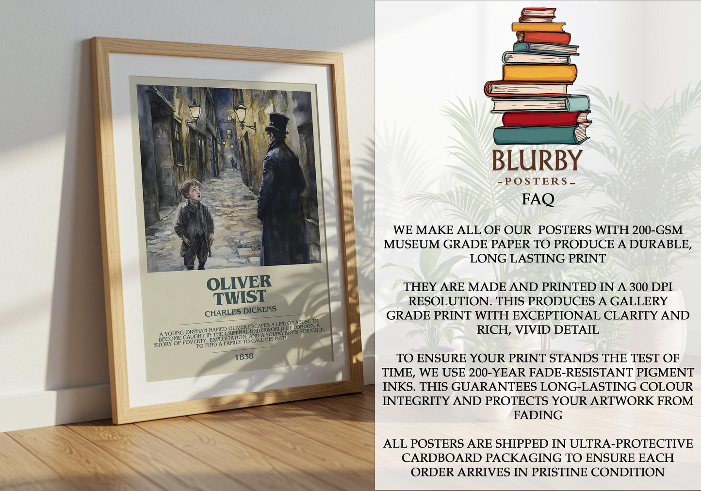 Framed Oliver Twist poster by Charles Dickens with artwork of boy and man in a dim cobblestone alley
