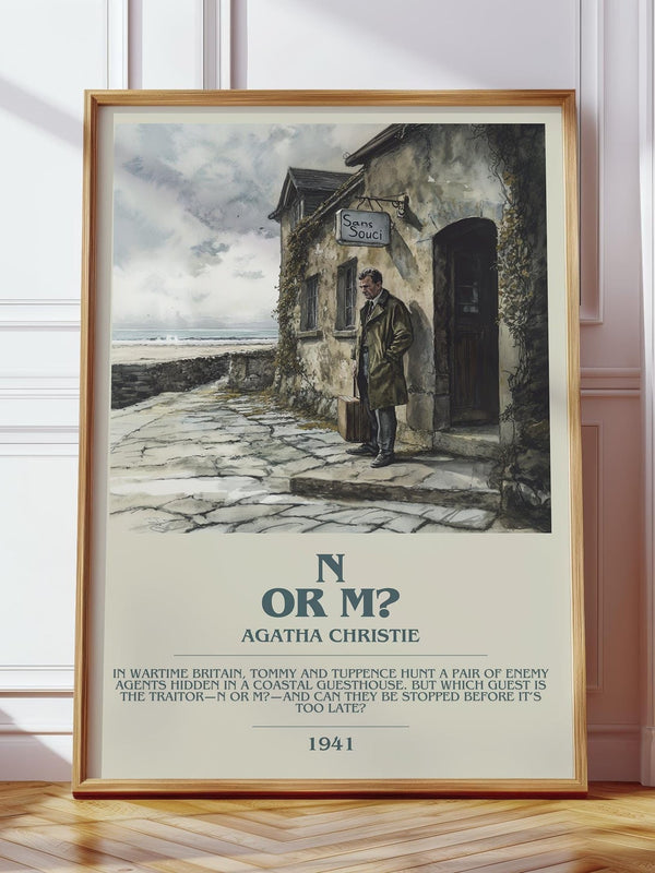 N Or M? bookish print in frame leaning in hallway – mystery wall art