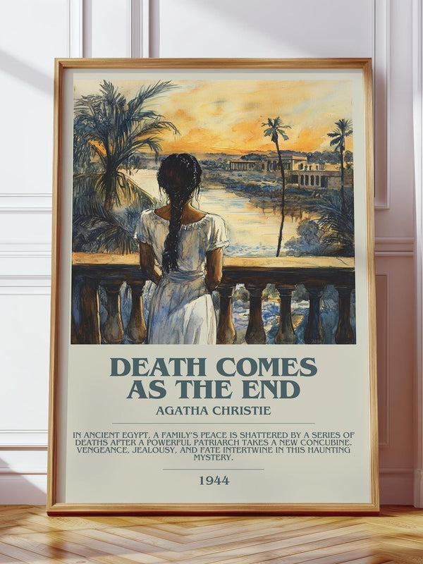 Death Comes as the End bookish print in frame leaning in hallway – mystery wall art