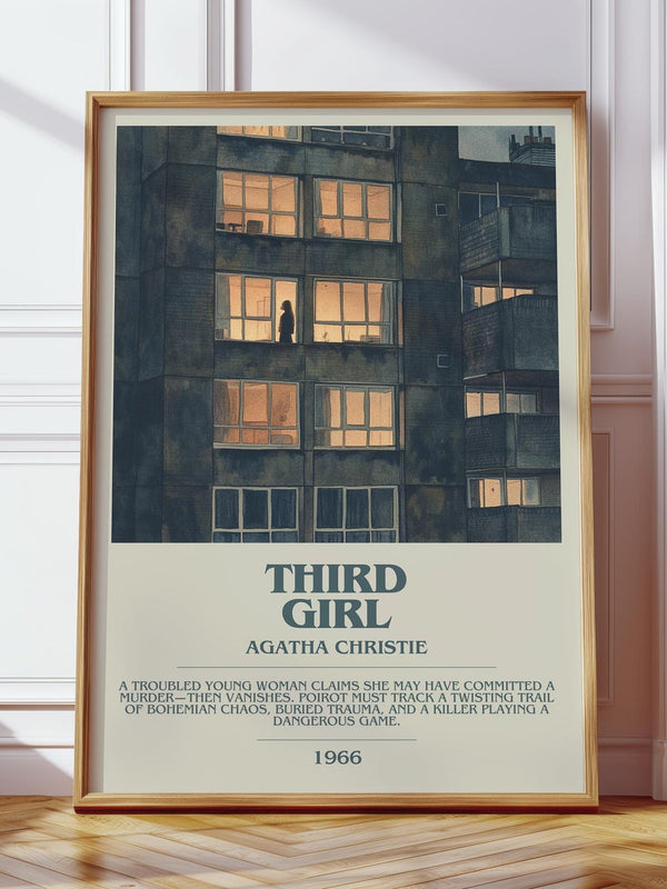 Third Girl bookish print in frame leaning in hallway – mystery wall art