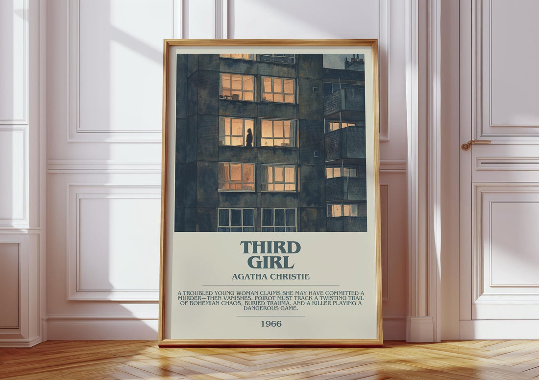Third Girl bookish print in frame leaning in hallway – mystery wall art (mockup)