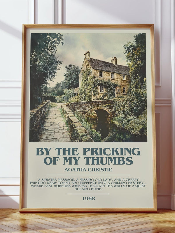 By the Pricking of My Thumbs bookish print in frame leaning in hallway – mystery wall art