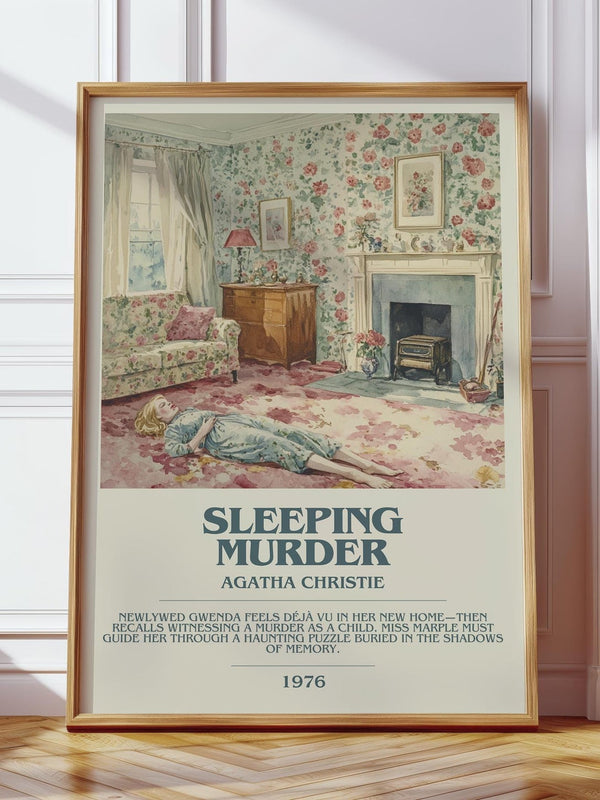 Sleeping Murder bookish print in frame leaning in hallway – mystery wall art