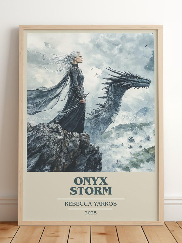 Onyx Storm book cover print in frame leaning in hallway – fantasy wall art