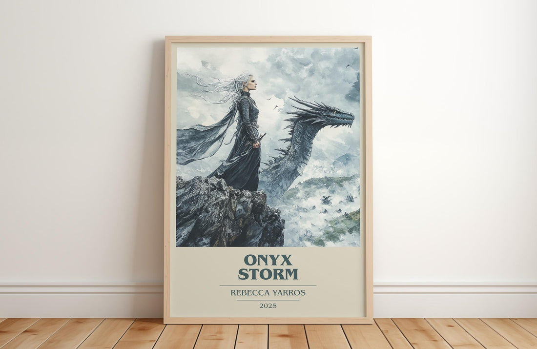 Onyx Storm book cover print in frame leaning in hallway – fantasy wall art (mockup)