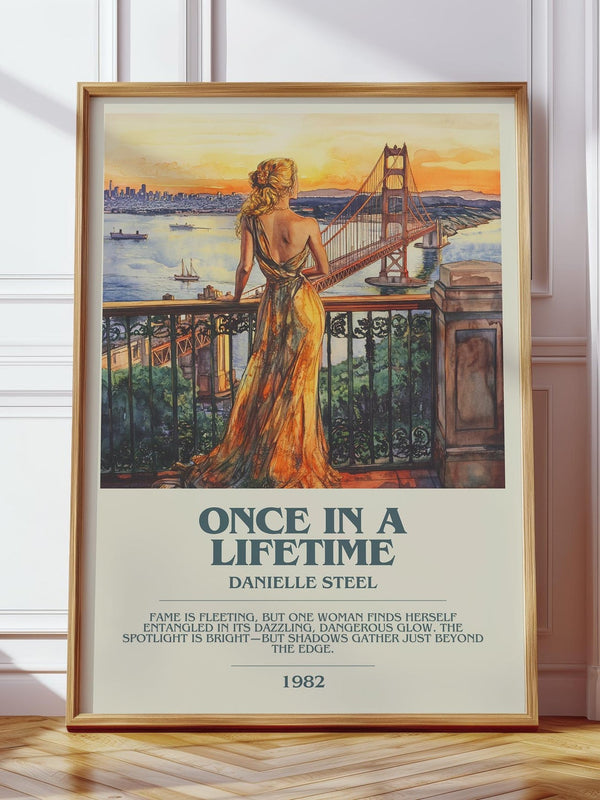 Once in a Lifetime bookish print in frame leaning in hallway – romance wall art