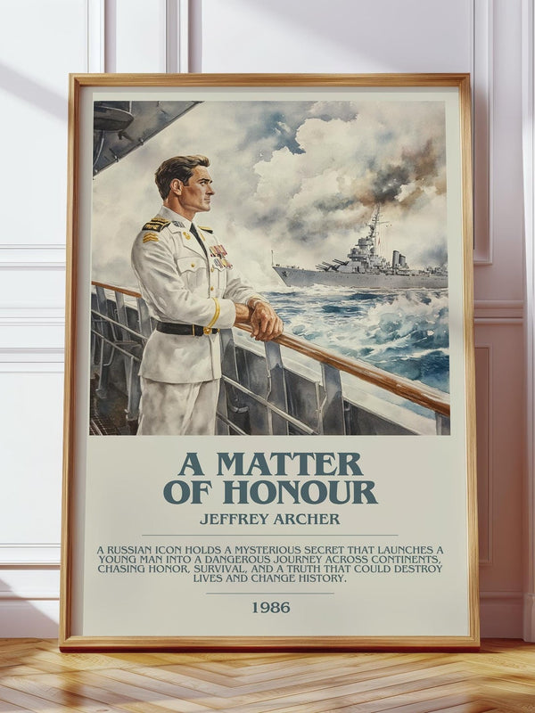 A Matter Of Honour bookish print in frame leaning in hallway – thriller wall art