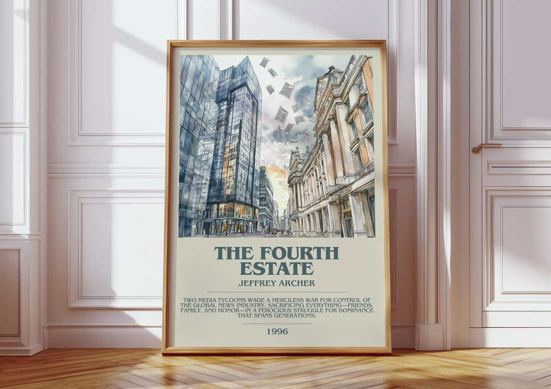 The Fourth Estate bookish print in frame leaning in hallway – contemporary fiction wall art (mockup)