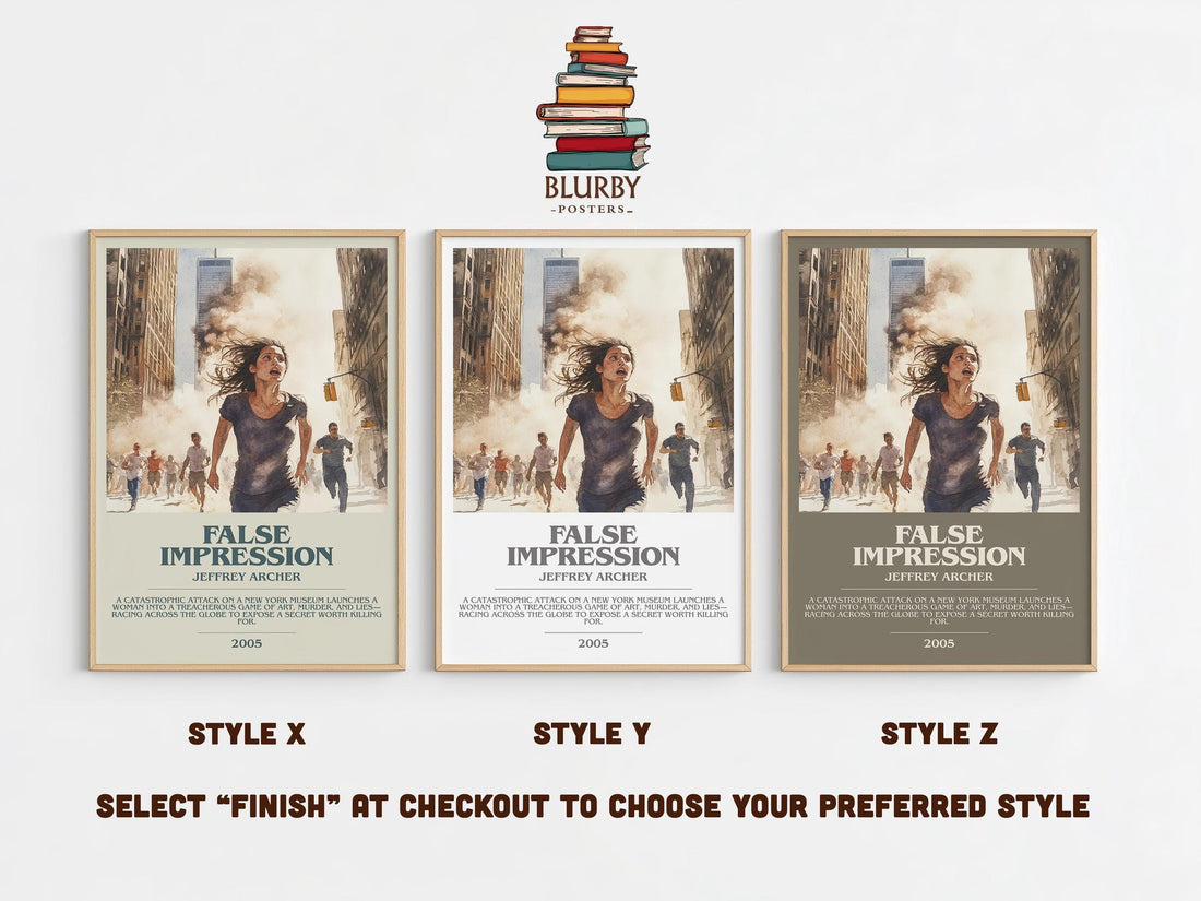 False Impression bookish poster colour and style options – Jeffrey Archer book art (mockup)
