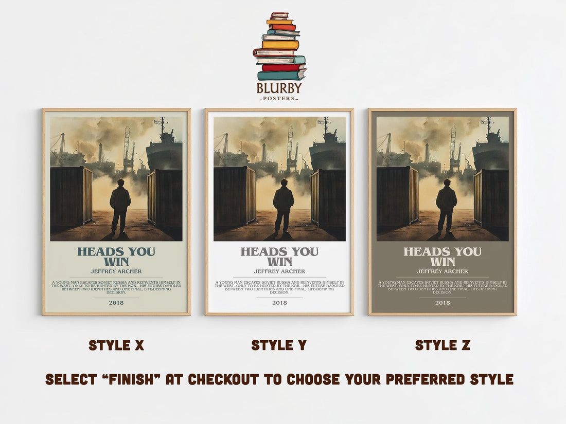 Heads You Win bookish poster colour and style options – Jeffrey Archer book art (mockup)