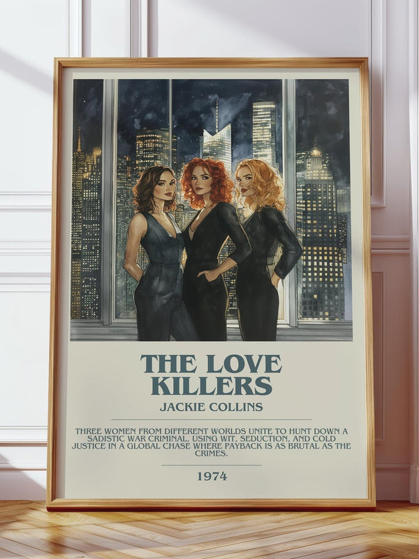 The Love Killers bookish print in frame leaning in hallway – thriller wall art