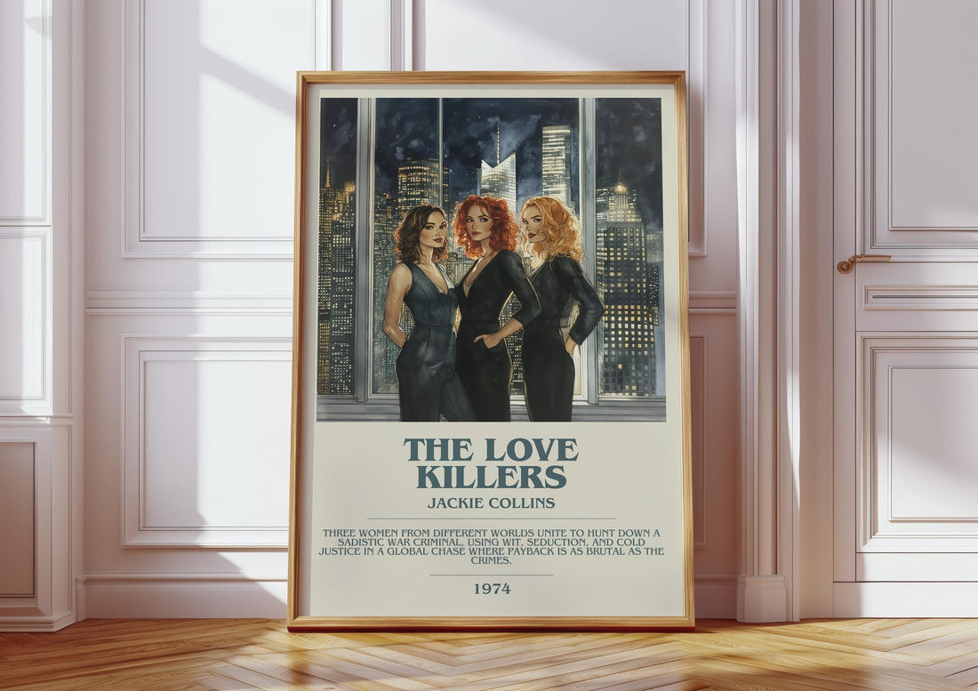 The Love Killers bookish print in frame leaning in hallway – thriller wall art (mockup)