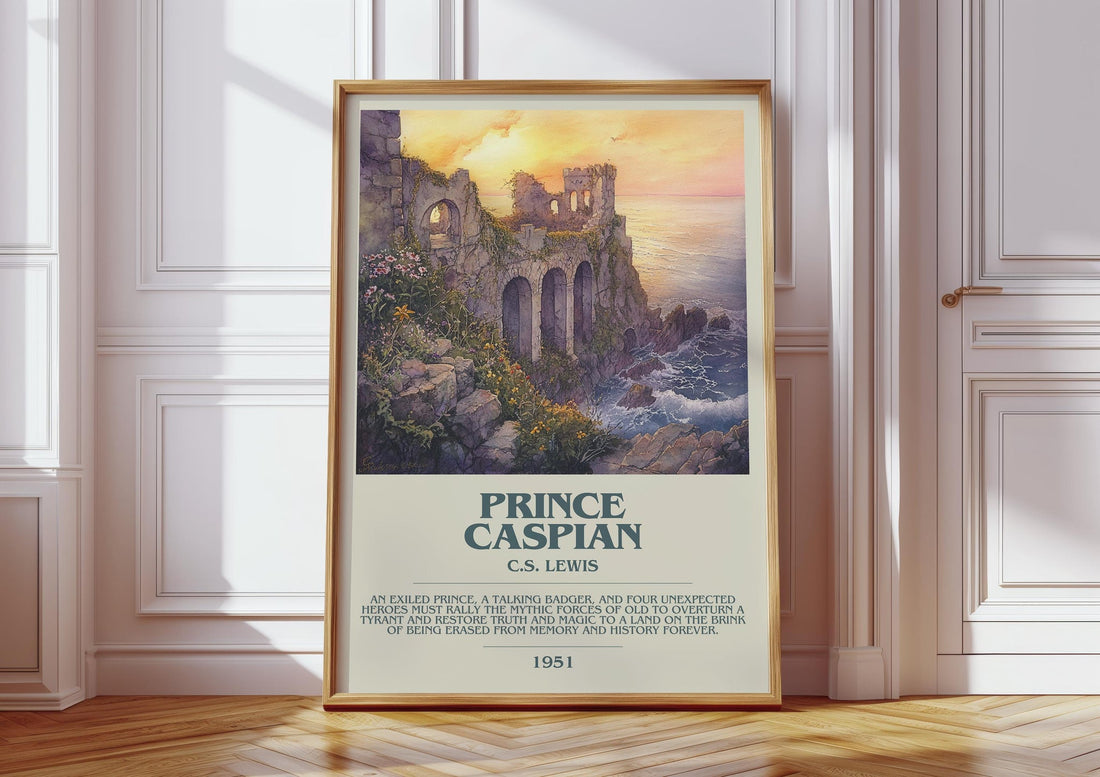 Prince Caspian bookish print in frame leaning in hallway – childrens wall art (mockup)